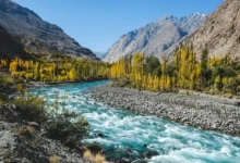 Blue Turquoise Water of Gilgit River Flowing Through Gupis,Pakistan.