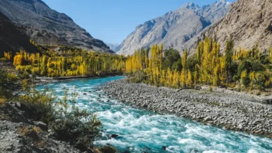 Blue Turquoise Water of Gilgit River Flowing Through Gupis,Pakistan.
