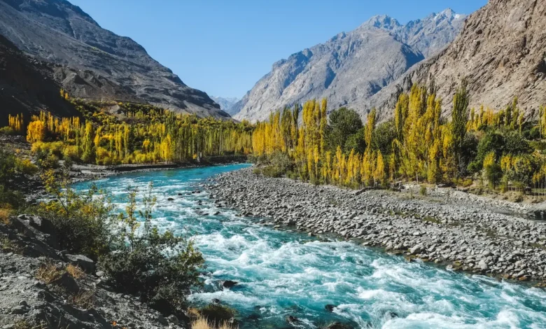Blue Turquoise Water of Gilgit River Flowing Through Gupis,Pakistan.